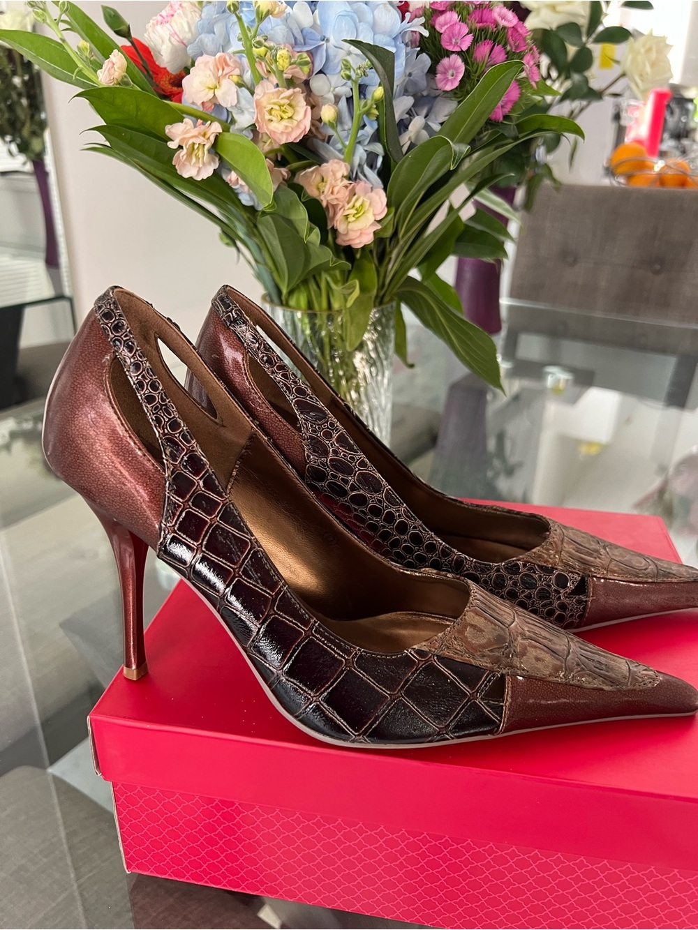 Miss Me Burgundy Metallic Croc-Embossed Pointed-Toe Stilettos